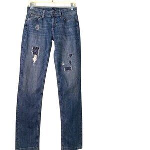 Liu Jo Womens Distressed Blue Denim Straight-Leg Jeans Size 27 Medium Wash